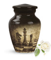 chess-themed aluminum cremation urn,
