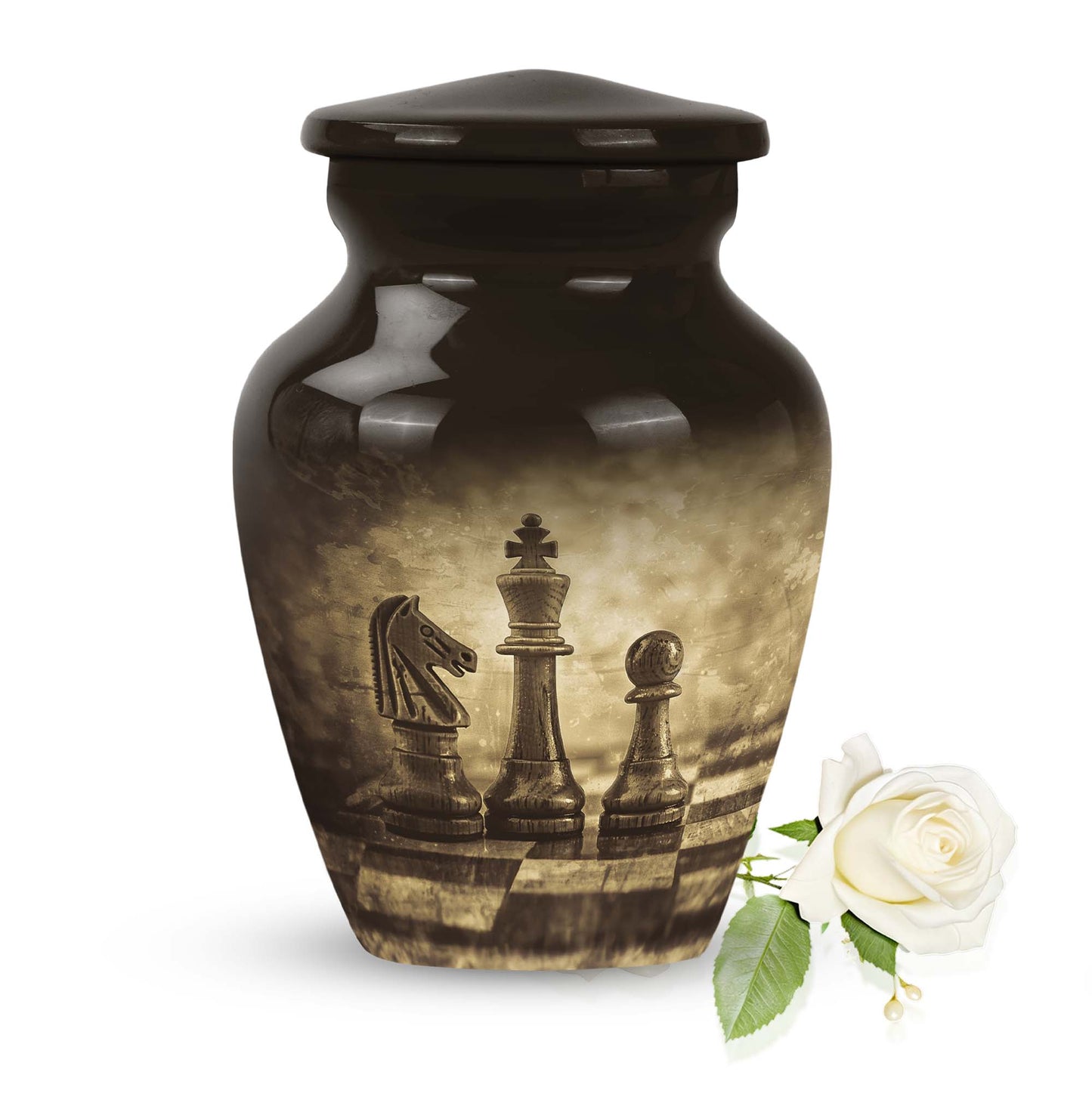 chess-themed aluminum cremation urn,