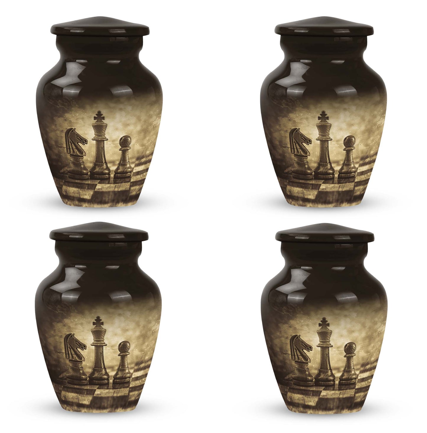 chess-themed aluminum cremation urn,