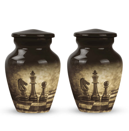 chess-themed aluminum cremation urn,