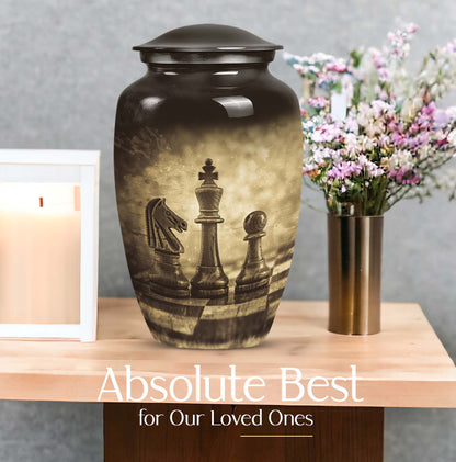 chess-themed aluminum cremation urn,