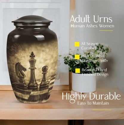 chess-themed aluminum cremation urn,