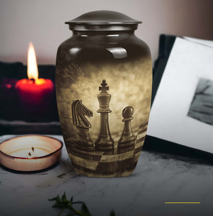 chess-themed aluminum cremation urn,