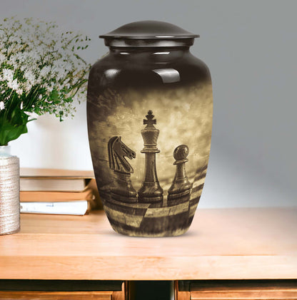 chess-themed aluminum cremation urn,