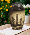 chess-themed aluminum cremation urn,
