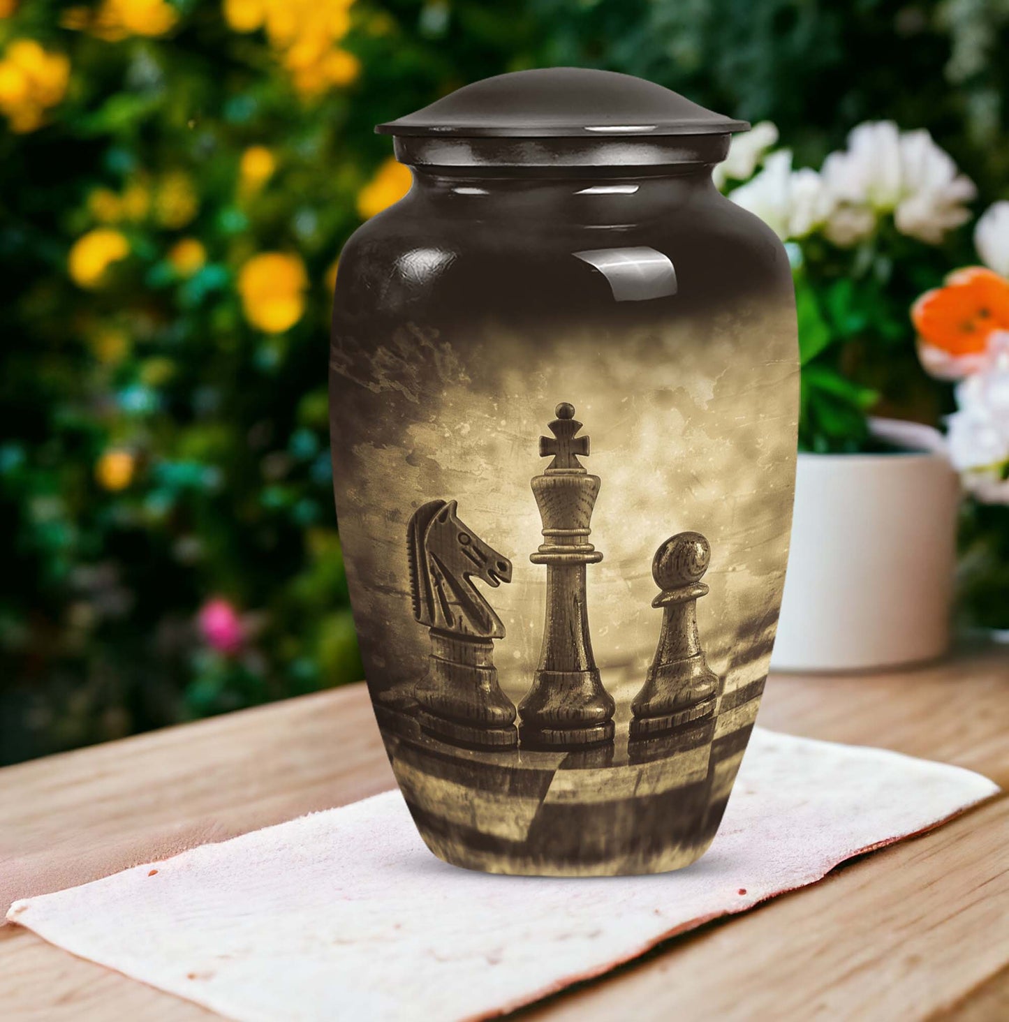 chess-themed aluminum cremation urn,