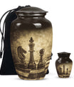 chess-themed aluminum cremation urn,
