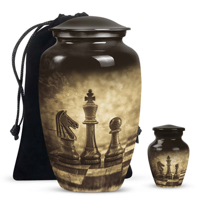 chess-themed aluminum cremation urn,