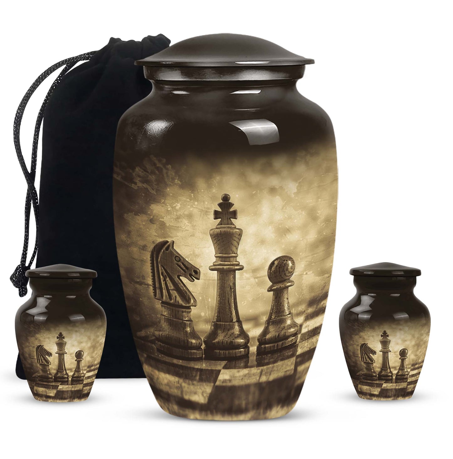 chess-themed aluminum cremation urn,