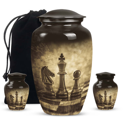 chess-themed aluminum cremation urn,