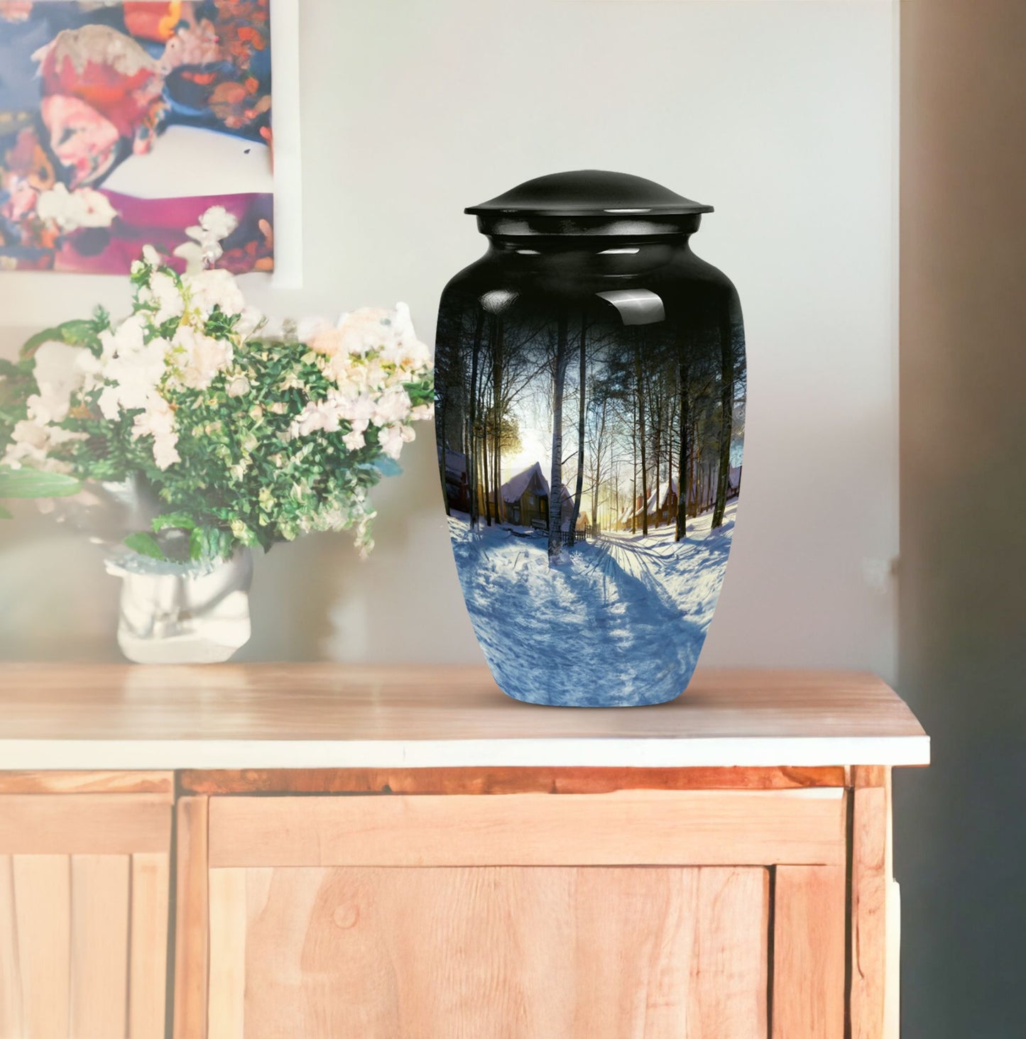 Snowflakes themed classic funeral urn for ashes