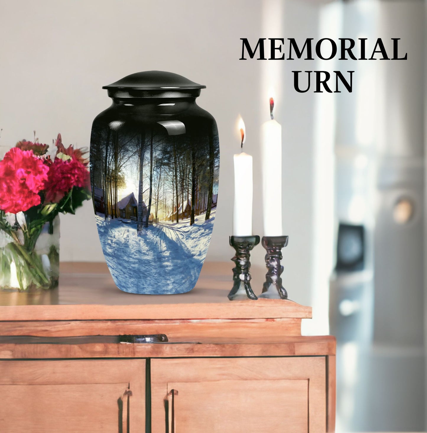 Snowflakes themed classic funeral urn for ashes