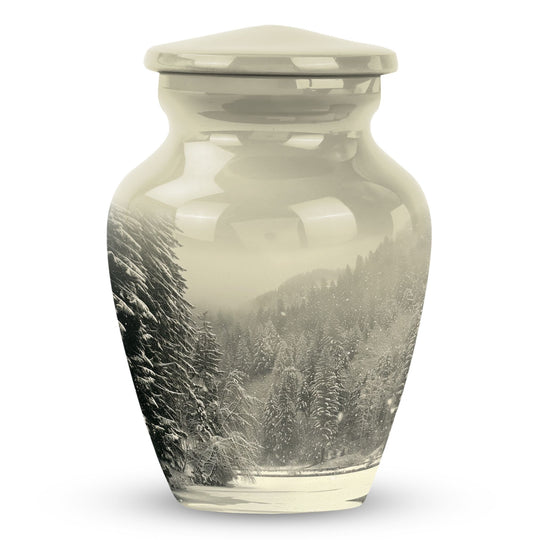 Winter Urn for Human Ashes, Misty Snow Covered Mountainside, Memorial Urn