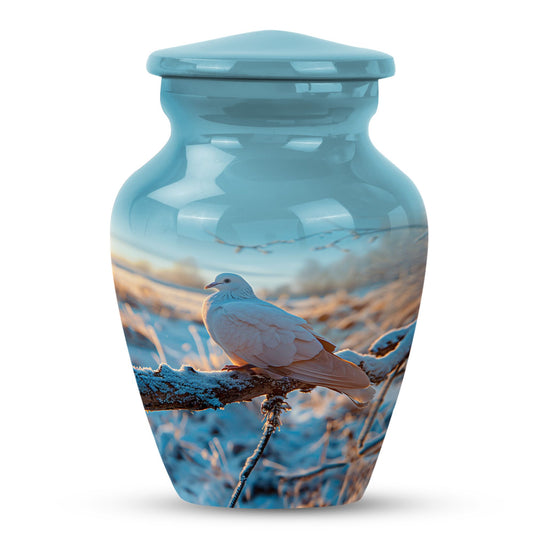 Bird Urn for Human Ashes, Dove on a Snowy Branch Against Blue Sky, Cremation Urn