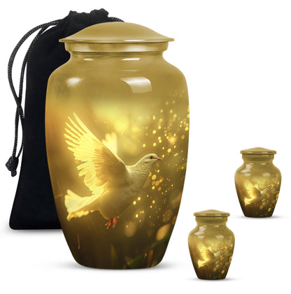 Bird Urn for Human Ashes, White Dove Through Golden Sparkling Light, Memorial Urn