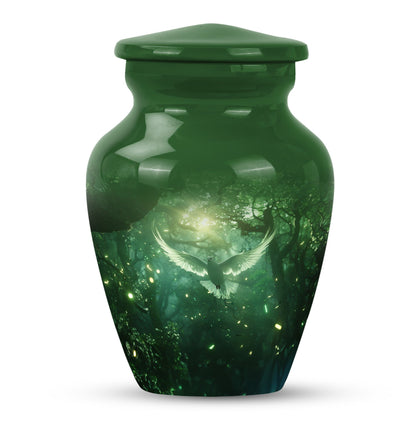 Bird Urn for Human Ashes, White Dove Through Glowing Forest, Green Memorial Urn