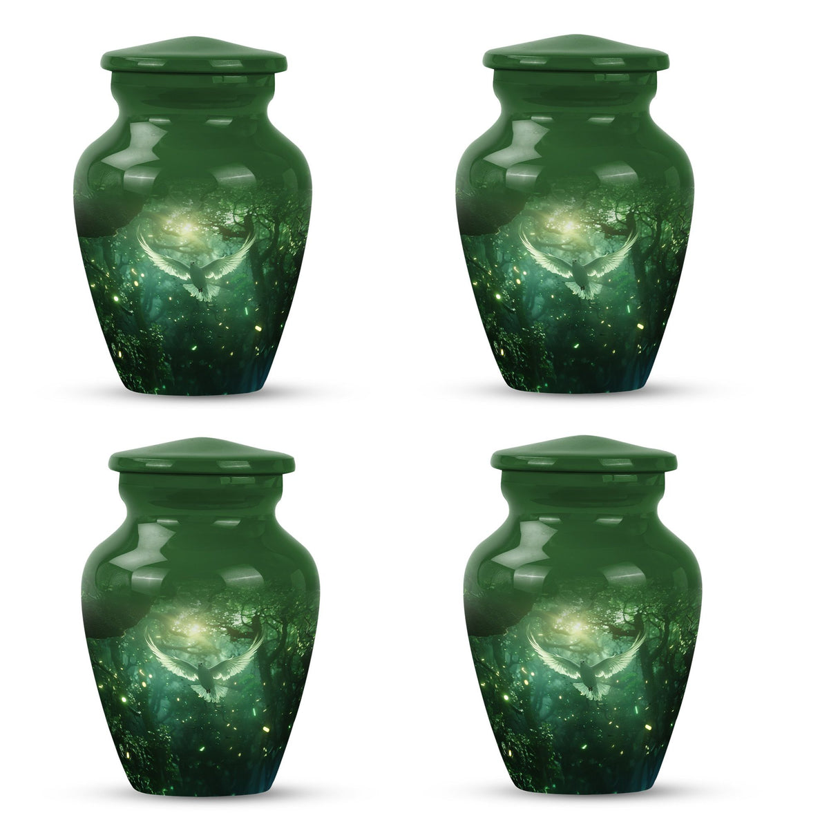 Bird Urn for Human Ashes, White Dove Through Glowing Forest, Green Memorial Urn