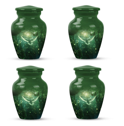 Bird Urn for Human Ashes, White Dove Through Glowing Forest, Green Memorial Urn