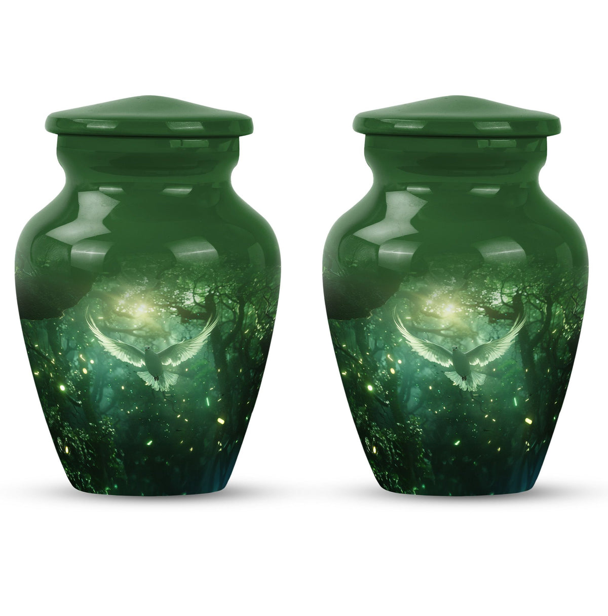 Bird Urn for Human Ashes, White Dove Through Glowing Forest, Green Memorial Urn