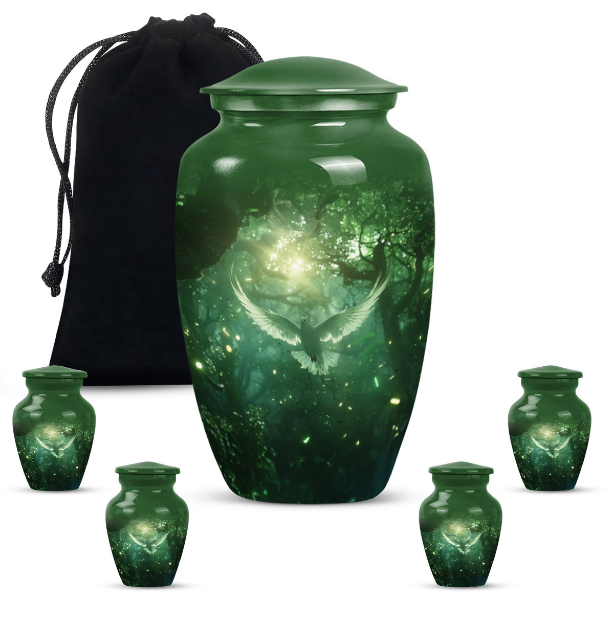 Bird Urn for Human Ashes, White Dove Through Glowing Forest, Green Memorial Urn