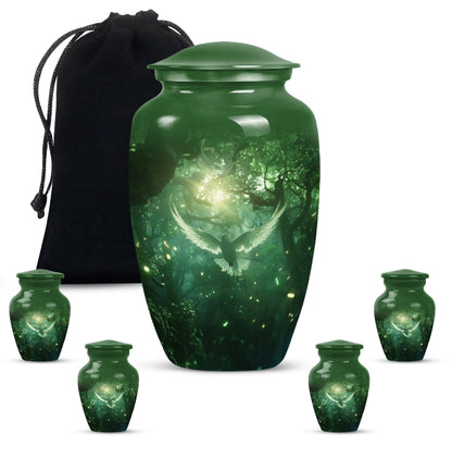 Bird Urn for Human Ashes, White Dove Through Glowing Forest, Green Memorial Urn