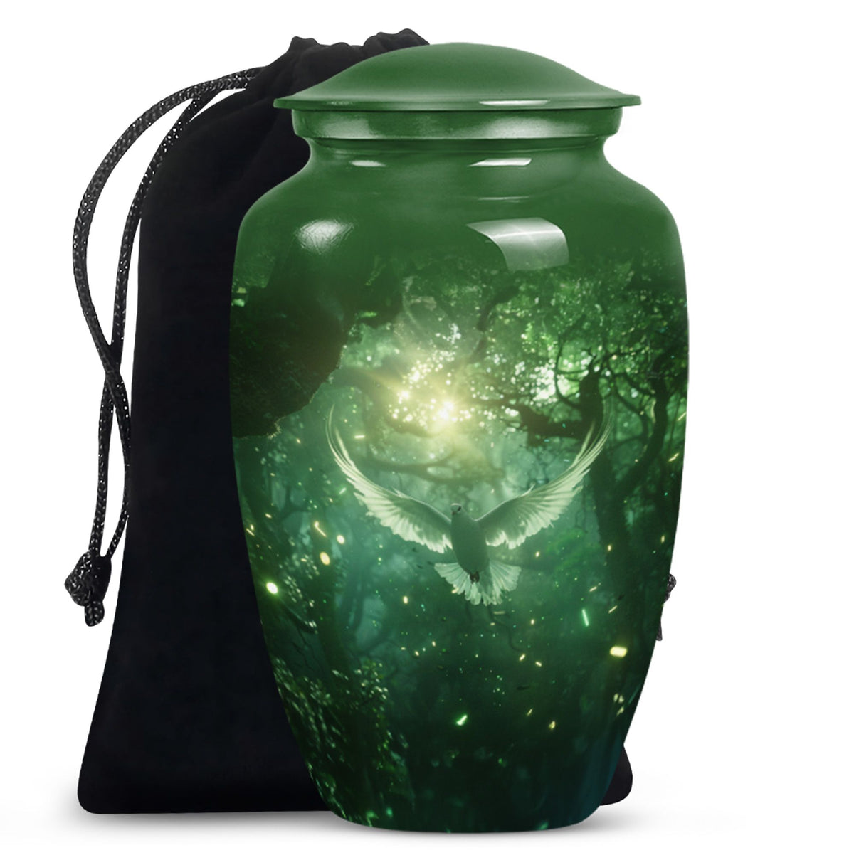 Bird Urn for Human Ashes, White Dove Through Glowing Forest, Green Memorial Urn
