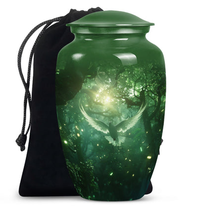 Bird Urn for Human Ashes, White Dove Through Glowing Forest, Green Memorial Urn