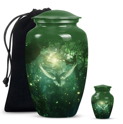 Bird Urn for Human Ashes, White Dove Through Glowing Forest, Green Memorial Urn