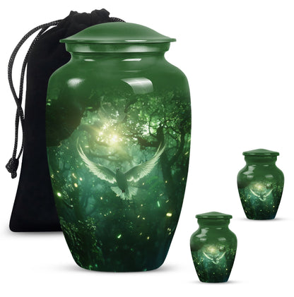 Bird Urn for Human Ashes, White Dove Through Glowing Forest, Green Memorial Urn