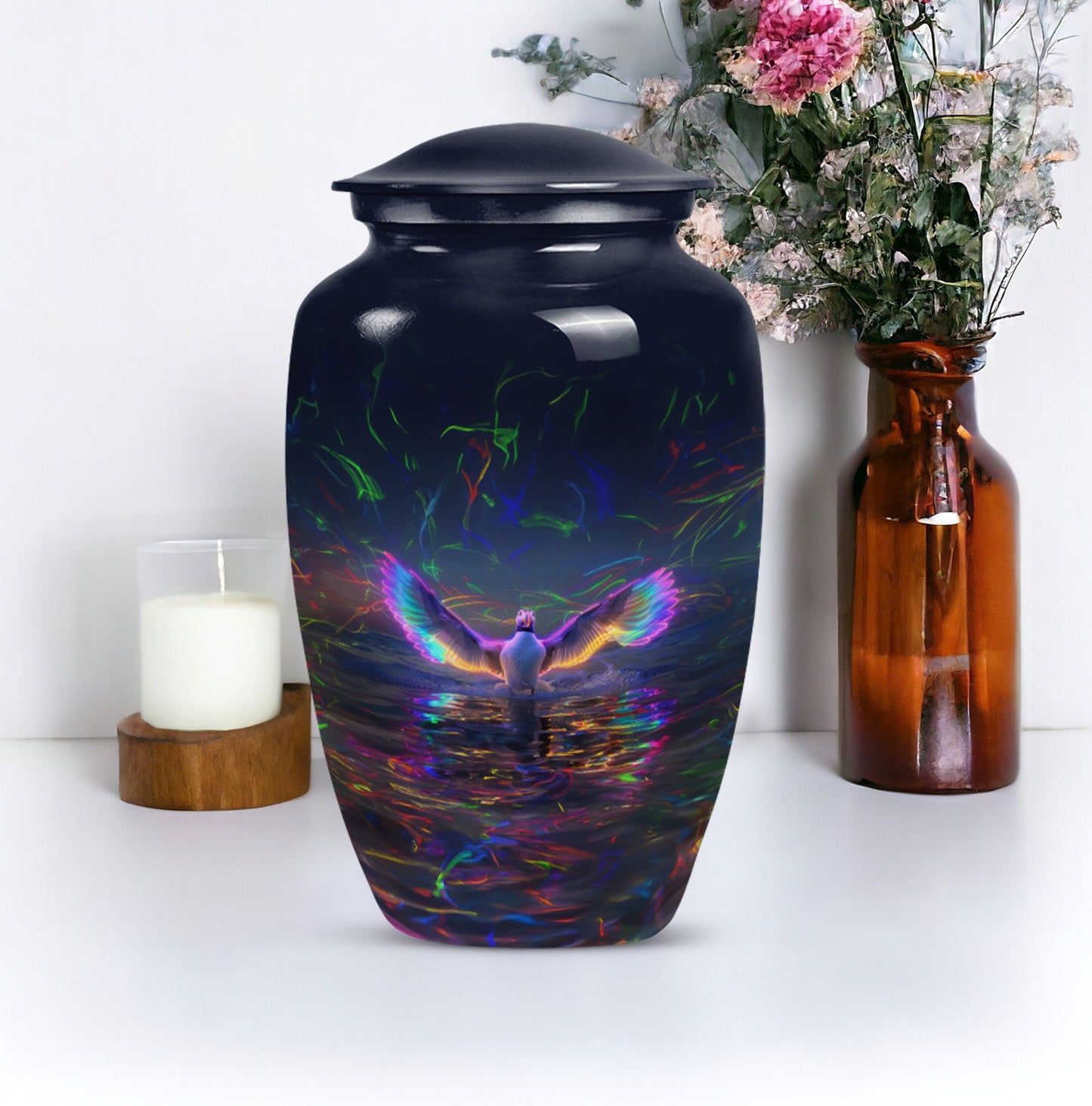 Large 10-inch aluminium Puffin Bird Urn