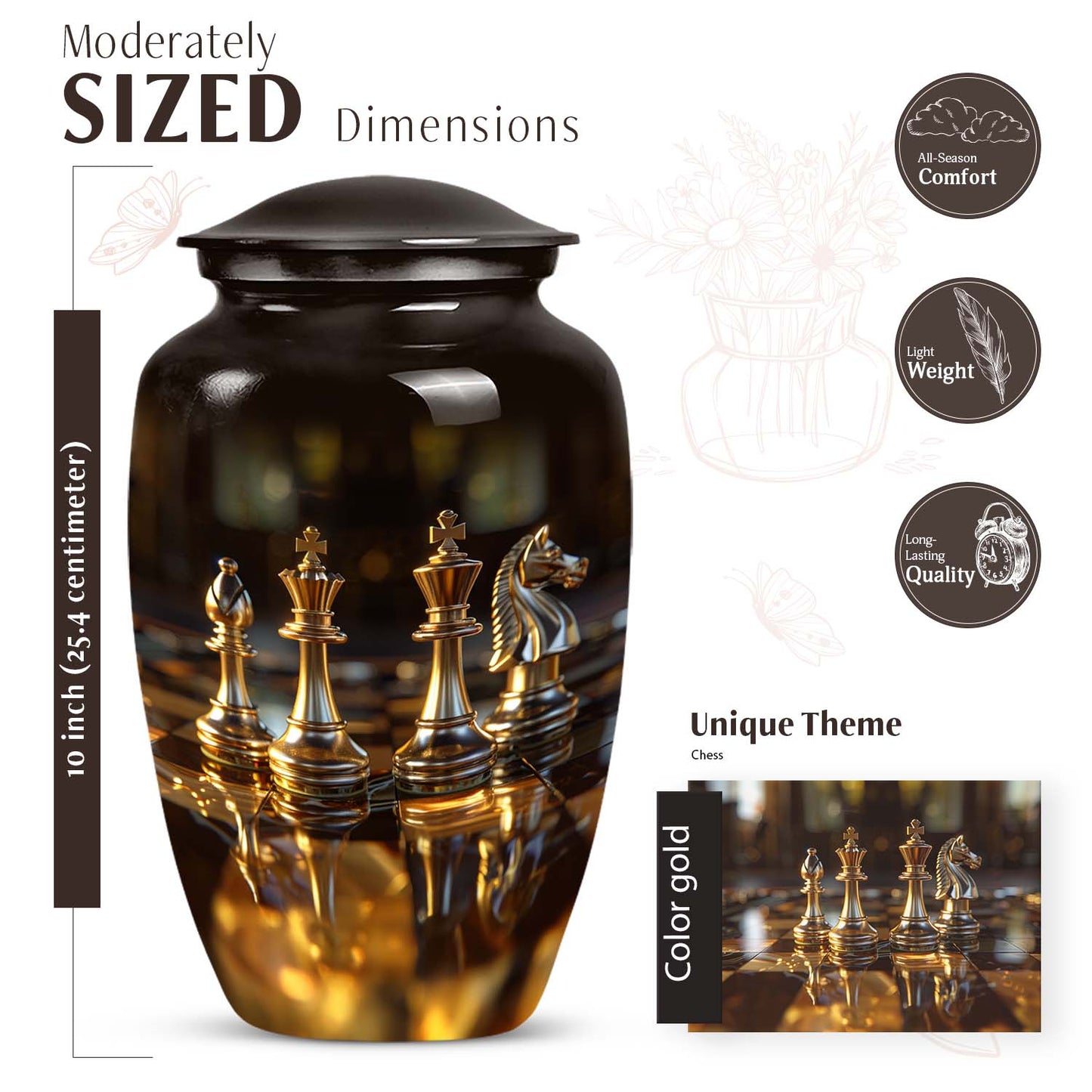 10-inch Chess-themed classic urn for human ashes