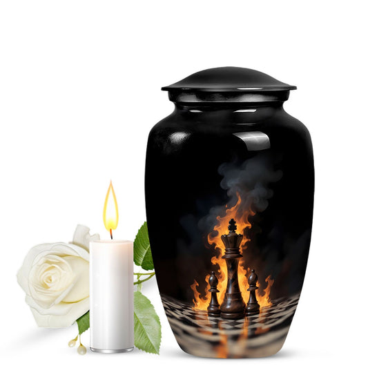 Classic chess-themed 10-inch memorial urn.