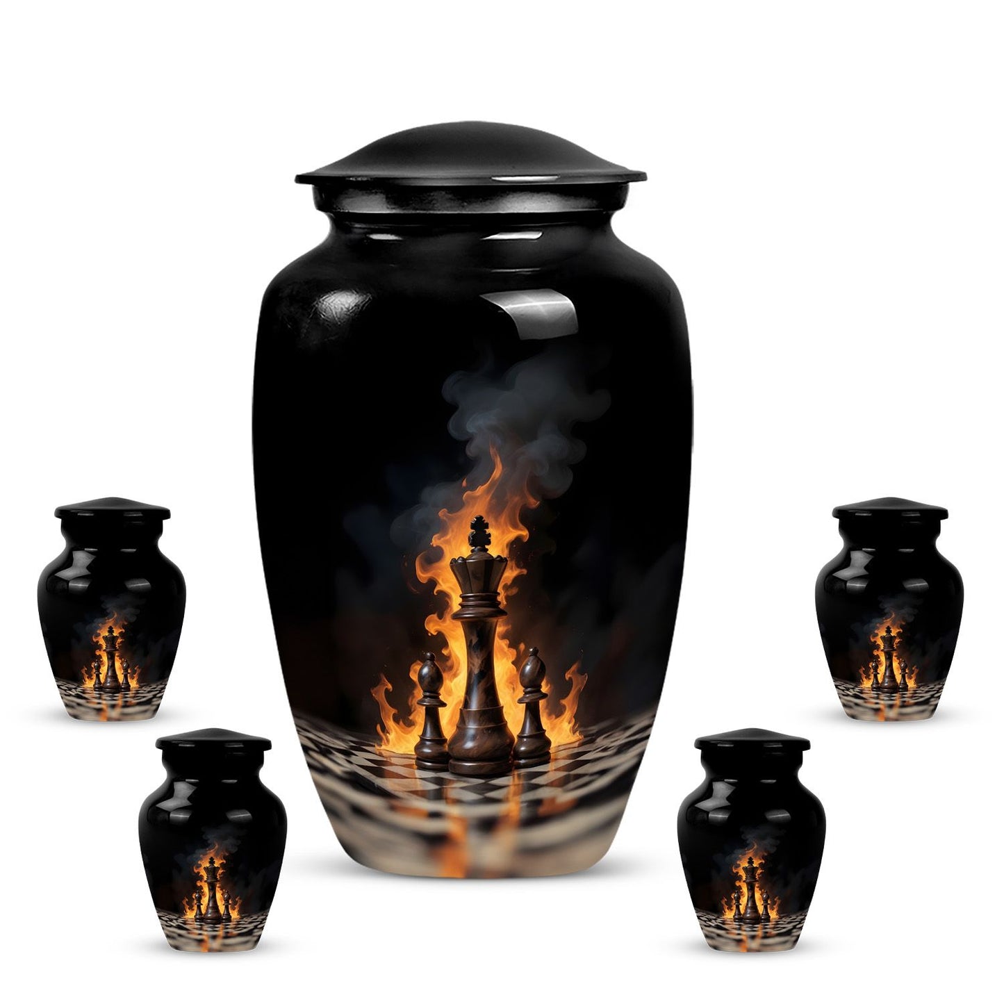Classic chess-themed 10-inch memorial urn.