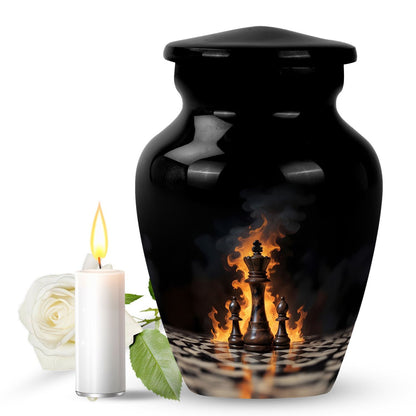 Classic chess-themed 10-inch memorial urn.