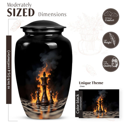 Classic chess-themed 10-inch memorial urn.