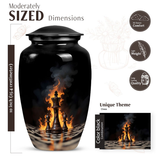 Classic chess-themed 10-inch memorial urn.