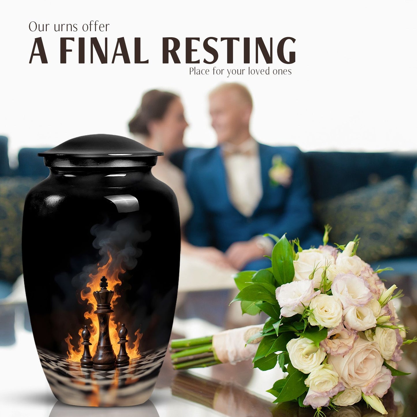 Classic chess-themed 10-inch memorial urn.