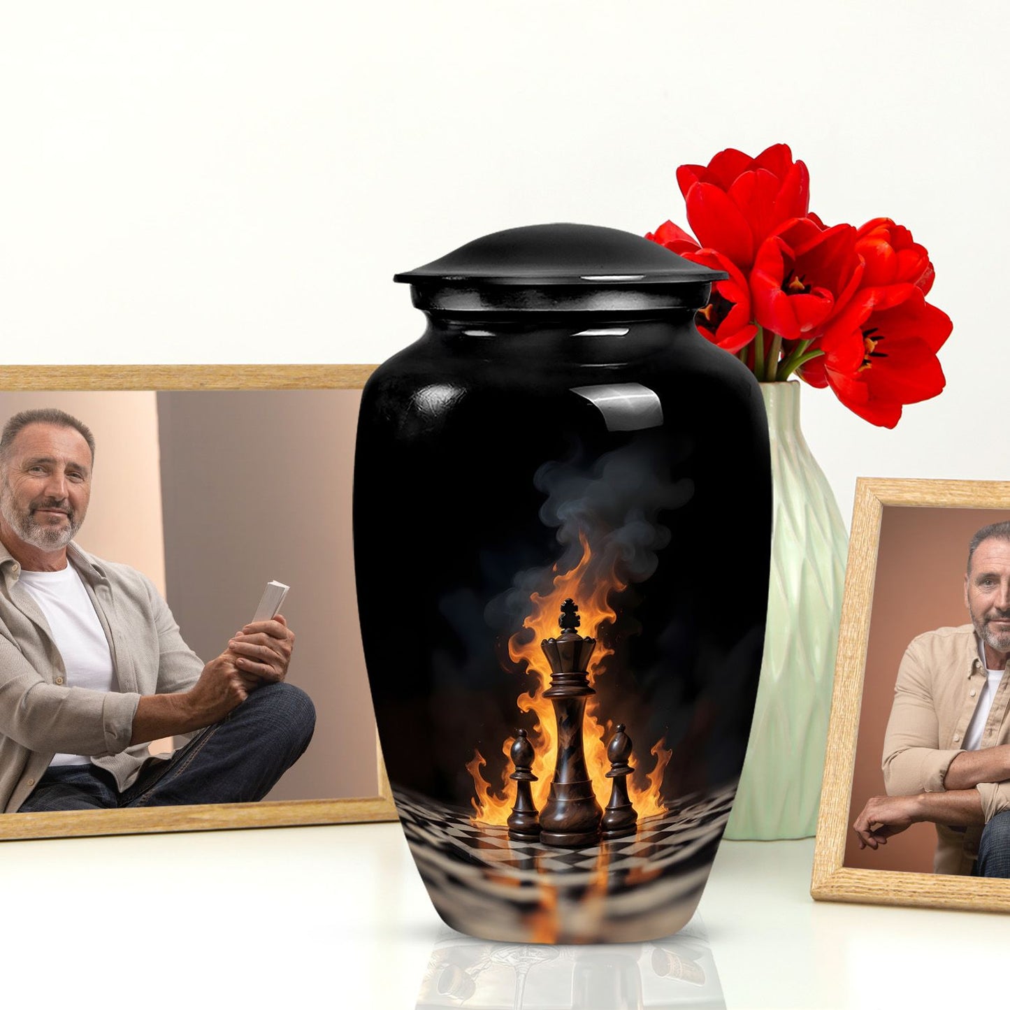Classic chess-themed 10-inch memorial urn.