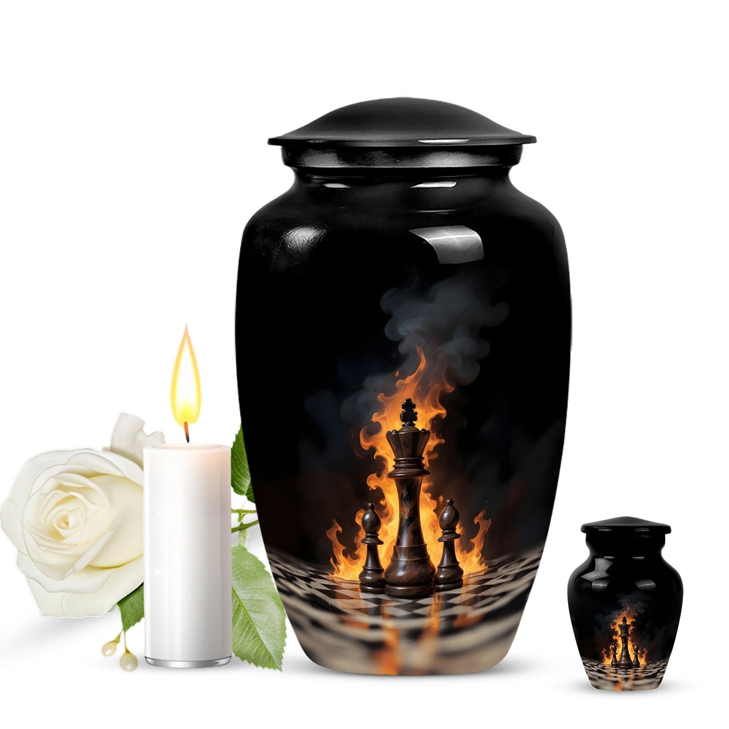 Classic chess-themed 10-inch memorial urn.