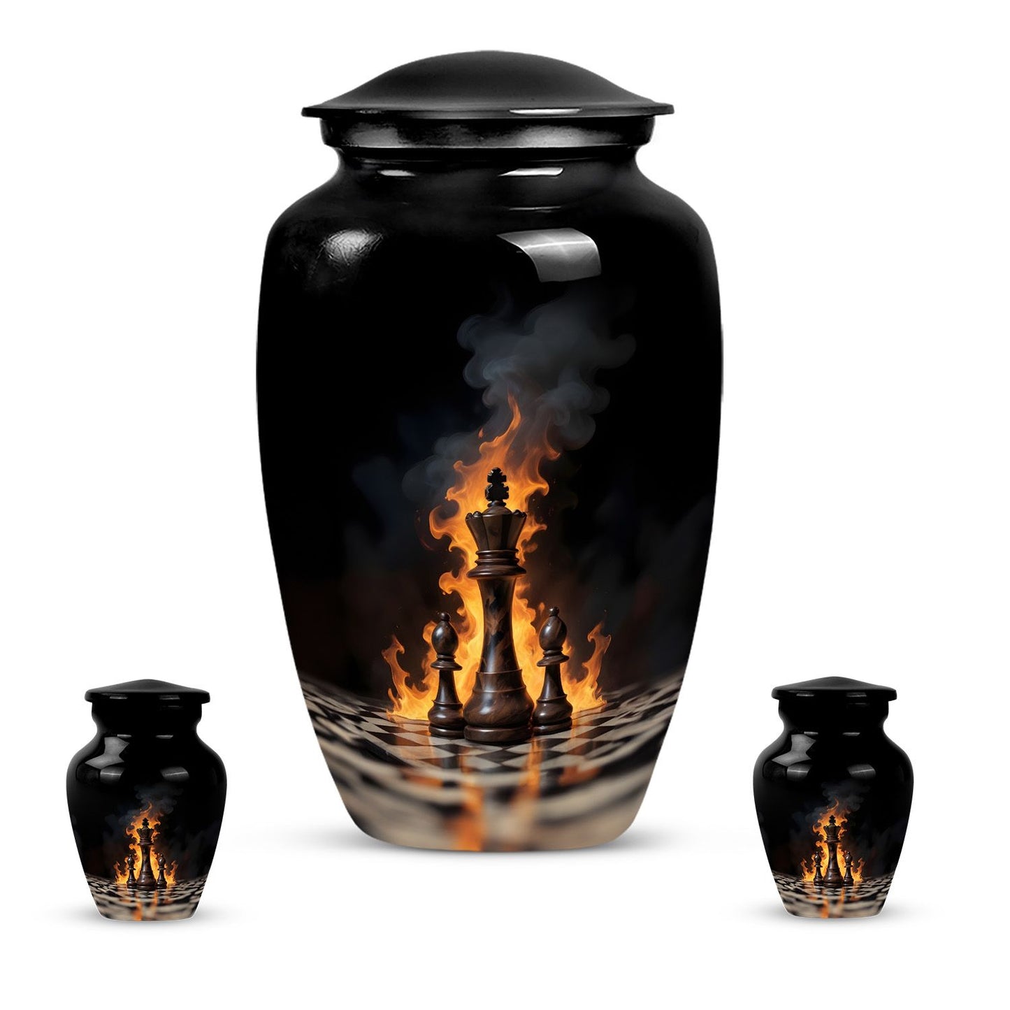 Classic chess-themed 10-inch memorial urn.