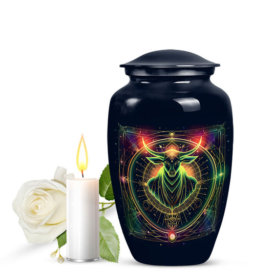 Zodiac-themed classic cremation urn.