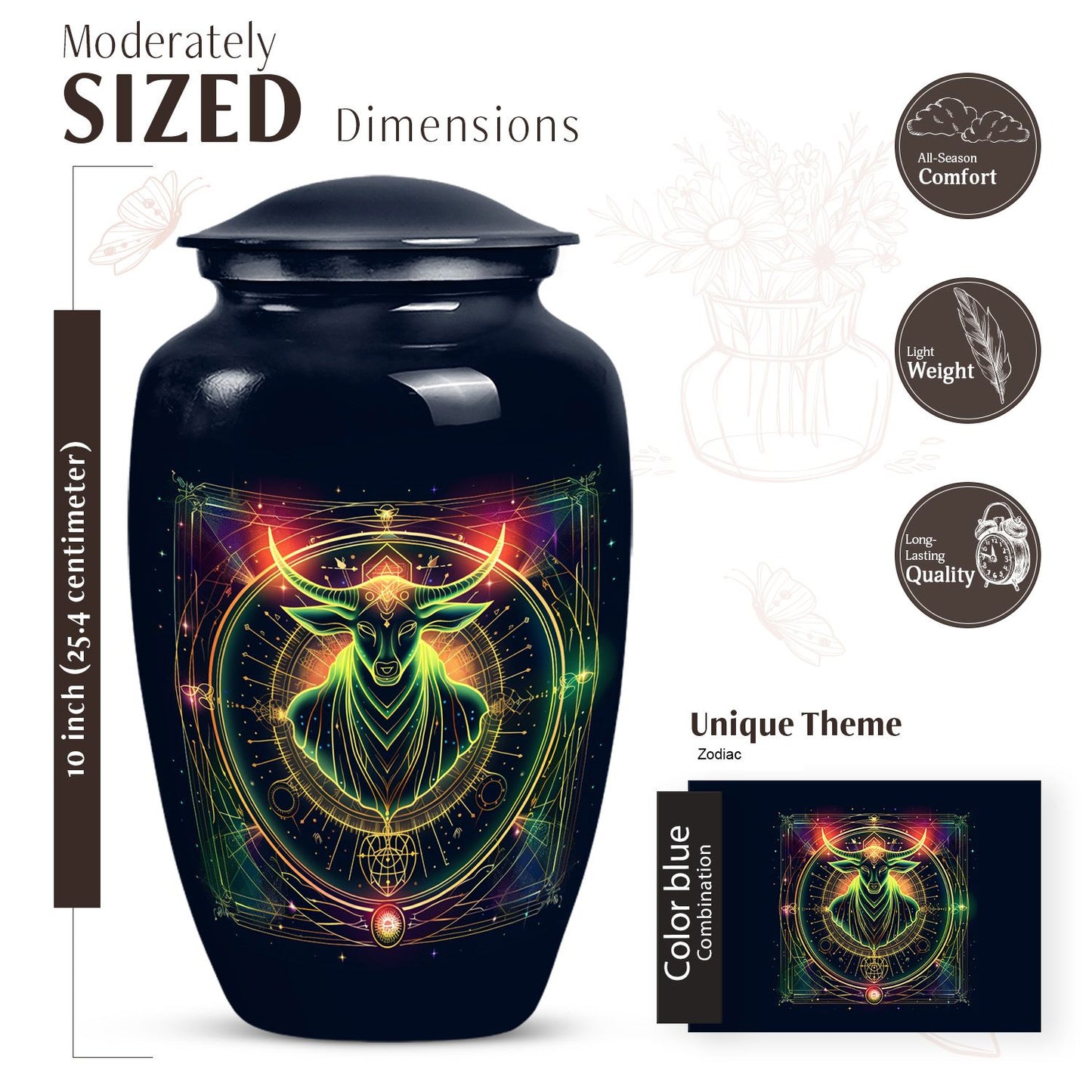 Zodiac-themed classic cremation urn.