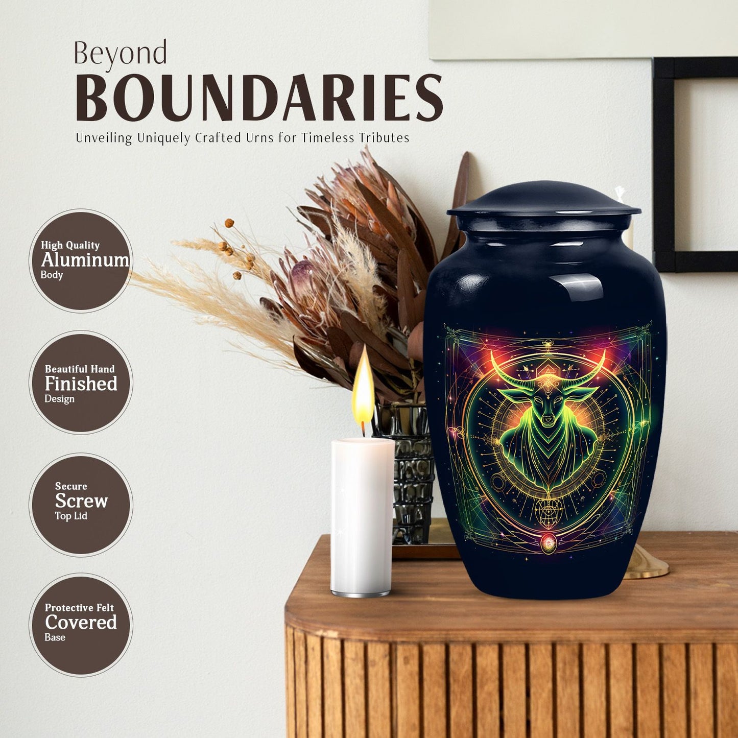 Zodiac-themed classic cremation urn.
