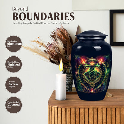Zodiac-themed classic cremation urn.