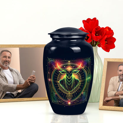 Zodiac-themed classic cremation urn.