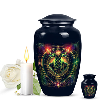 Zodiac-themed classic cremation urn.