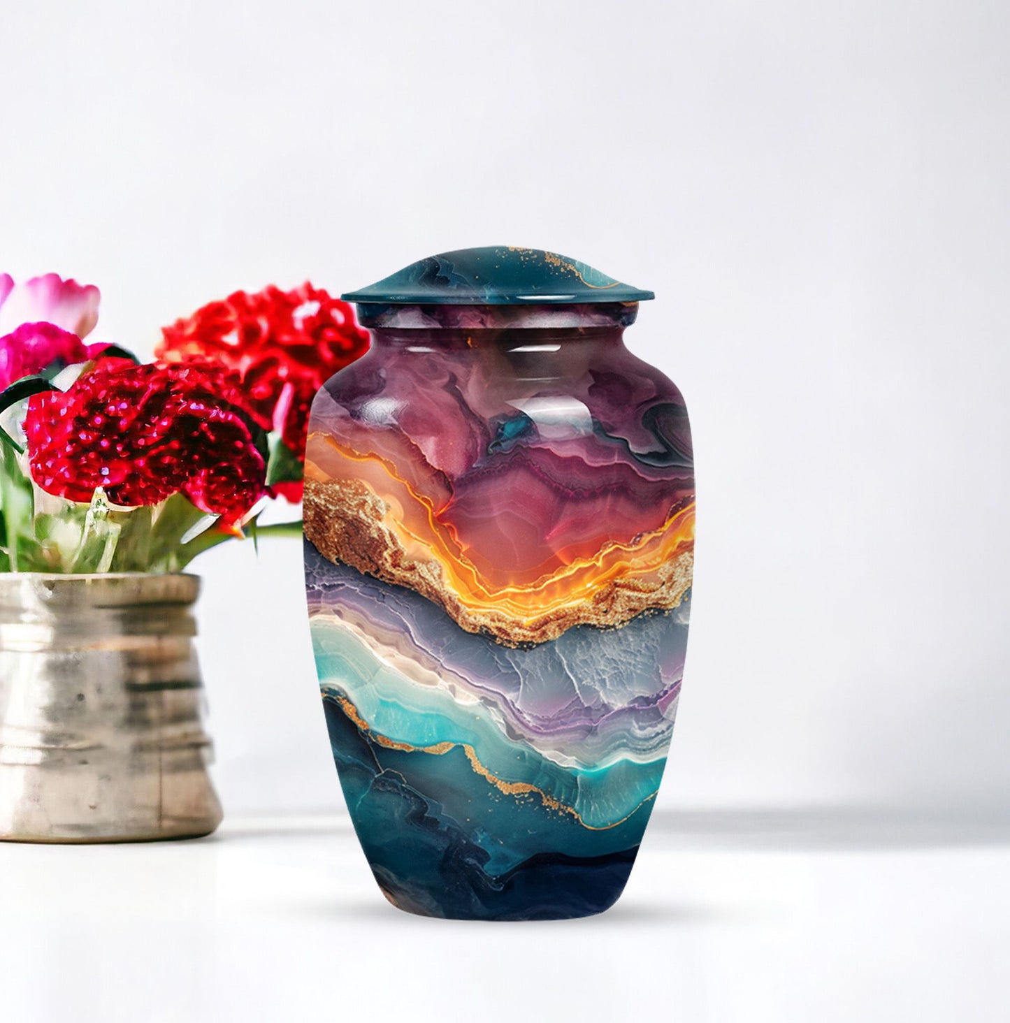 10 inch Vibrant Swirl urn, classic aluminium funeral urn