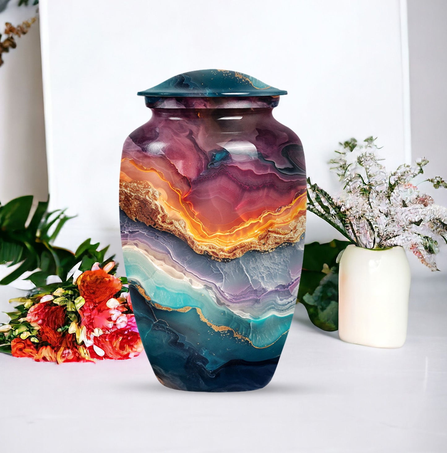 10 inch Vibrant Swirl urn, classic aluminium funeral urn