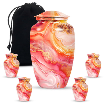 A 10 inch Vibrant Swirl memorial urn for burial, with an aluminimum finish in an abstract design