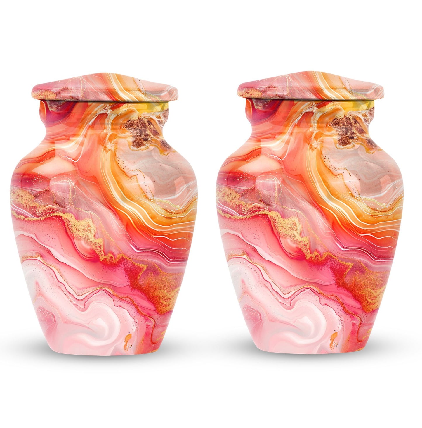 A 10 inch Vibrant Swirl memorial urn for burial, with an aluminimum finish in an abstract design